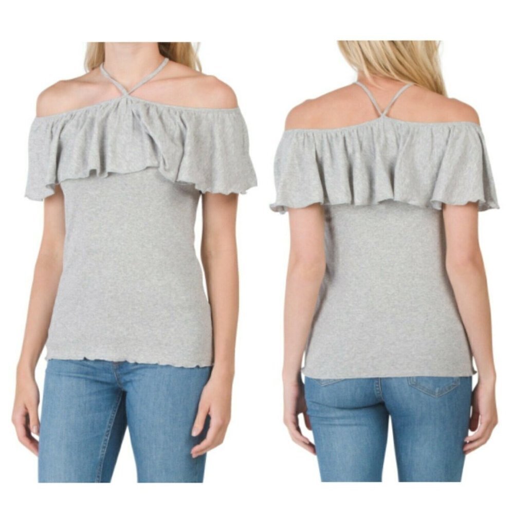 NWT Chaser Top Off-Shoulder Baby Ribbed Ruffle Gray XS